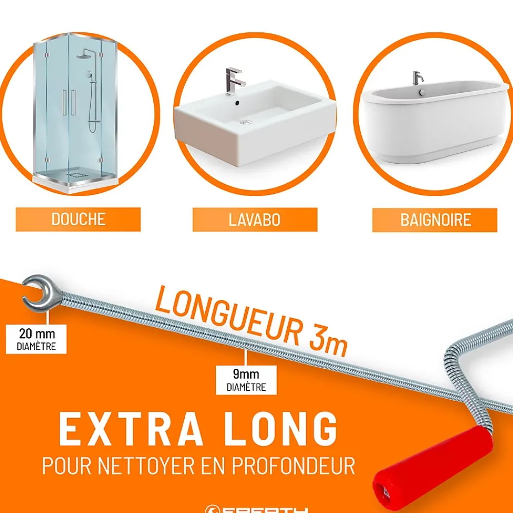 Eberth Furet Déboucheur-Spirale de nettoyage de tuyaux 3m de long et 9mm de diamètre pour tuyaux à partir de 40mm tête en forme de griffe de 20mm
