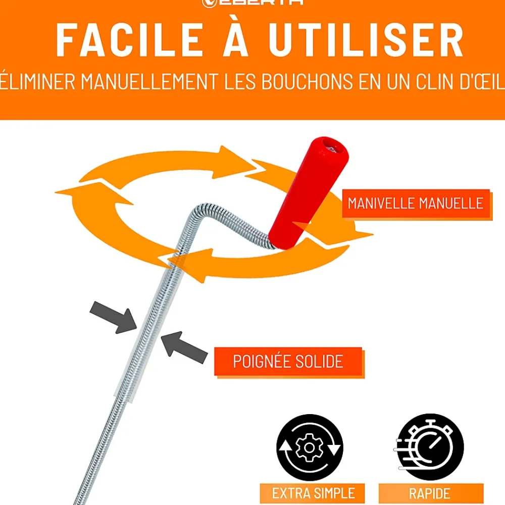 Eberth Furet Déboucheur-Spirale de nettoyage de tuyaux 3m de long et 9mm de diamètre pour tuyaux à partir de 40mm tête en forme de griffe de 20mm