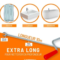 Eberth Furet Déboucheur-Spirale de nettoyage de tuyaux 8m de long et 9mm de diamètre pour tuyaux à partir de 40mm tête en forme de griffe de 20mm