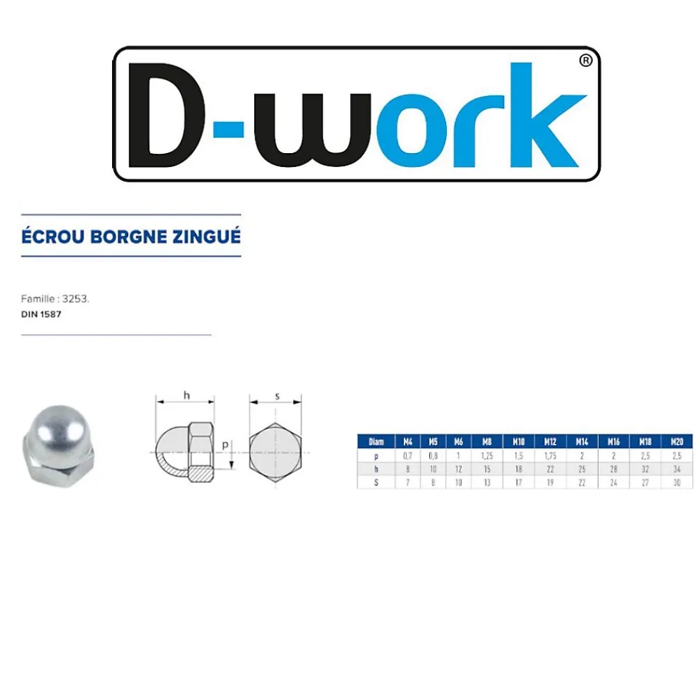 D-Work Écrou-50 Ecrous Borgnes M16 mm - DIN 1587 - Zingué blanc -
