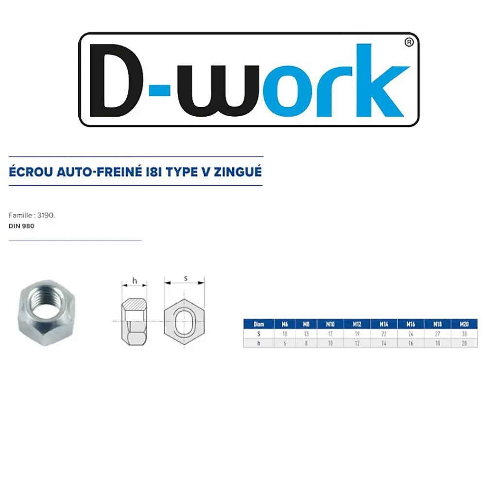 D-Work Écrou-1000 Ecrous Freins Indésserrables M8 mm - DIN 980 - 8 - Zingué blanc -