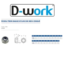 D-Work 25 Ecrous Freins Indésserrables Bague Nylon M22 mm - DIN 985 - I8I - Zingué blanc -