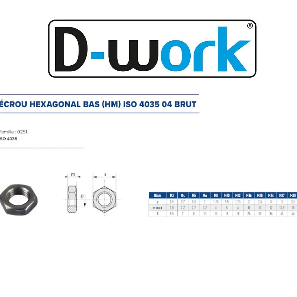 D-Work 100 Ecrous Hexagonaux Bas M16 mm - 4035 - 4 - Brut -
