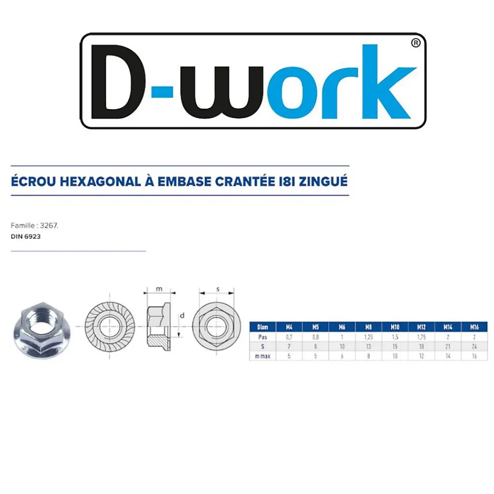 D-Work 100 Ecrous Hexagonaux à Embase Crantée M10 mm - DIN 6923 - 8 - Zingué blanc -