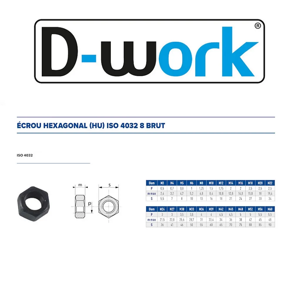D-Work Écrou-200 Ecrous Hexagonaux HU M4 mm - 4032 - 8 - Brut -