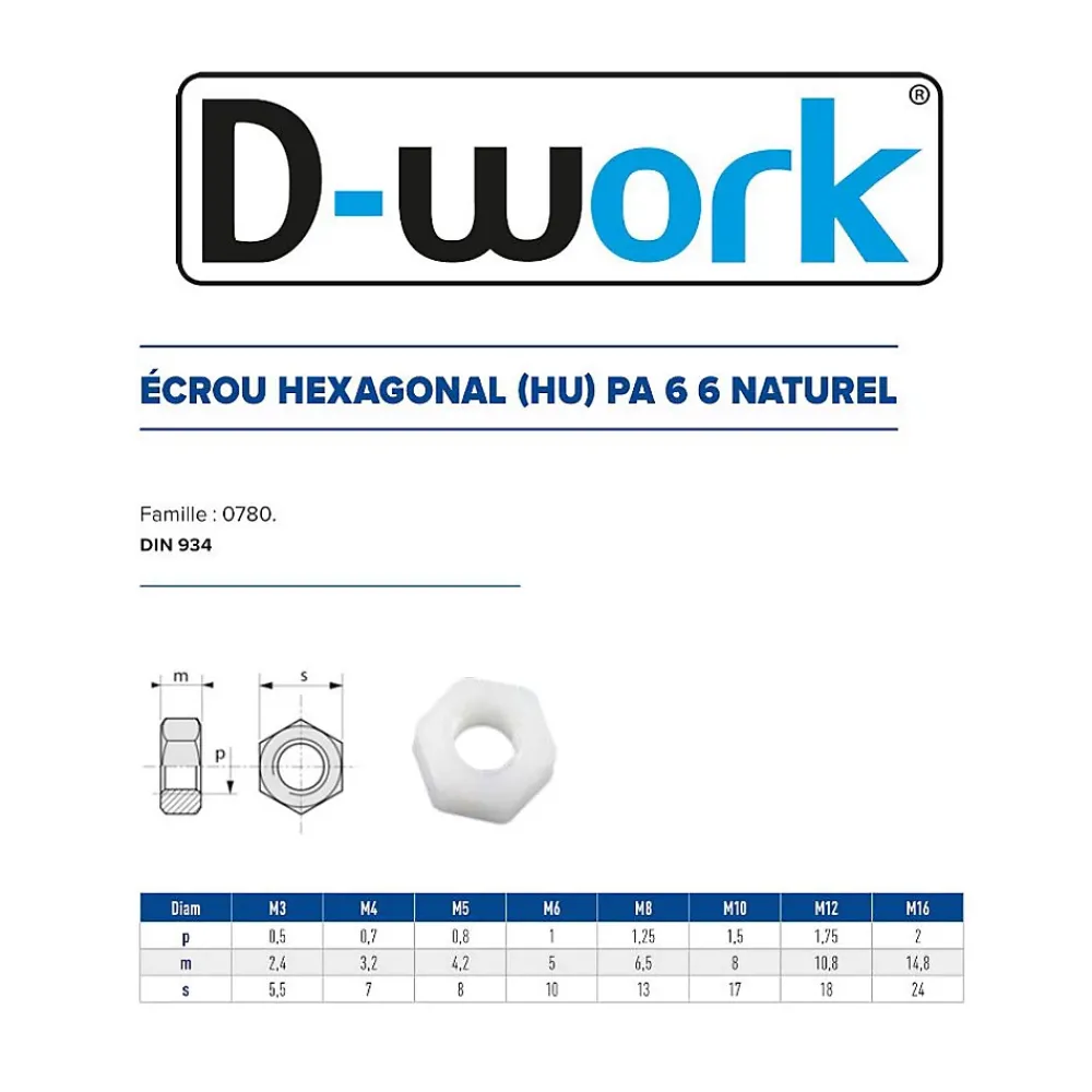 D-Work 200 Ecrous Hexagonaux HU M3 mm - DIN 934 - Polyamide -