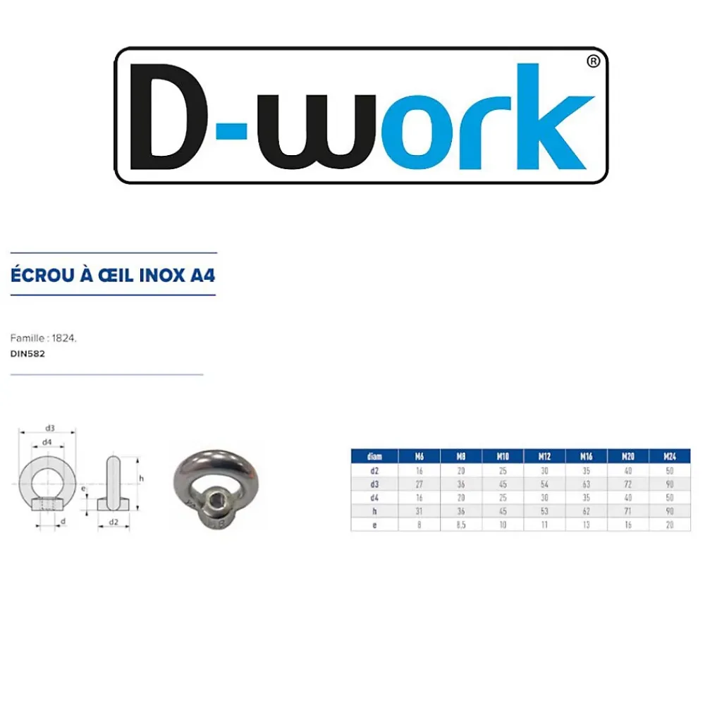D-Work Écrou-10 Ecrous à Oeil M12 mm - Inox A4 -