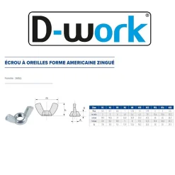 D-Work 200 Ecrous à Oreilles Forme Américaine M6 mm - Zingué blanc -