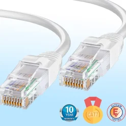Elfcam-shop Câble Et Connectique Réseau-Elfcam - Câble Ethernet RJ45 Cat 7 SFTP 10m (Rond Blanc), 10Gbps, 600MHz, Cuivre, Anti-Interférences
