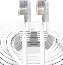 Elfcam-shop Câble Et Connectique Réseau-Elfcam - Câble Ethernet RJ45 Cat 7 SFTP 10m (Rond Blanc), 10Gbps, 600MHz, Cuivre, Anti-Interférences