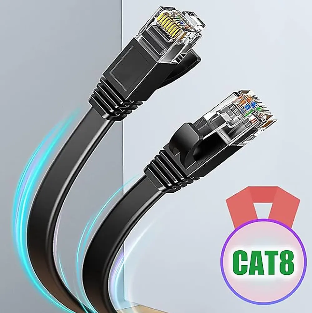 Elfcam-shop Elfcam - 20m Câble Ethernet Cat 8 Plat Noir LAN/WAN, SFTP 28AWG, 2000MHz 40Gbps avec Connecteurs RJ45 Haute Qualité