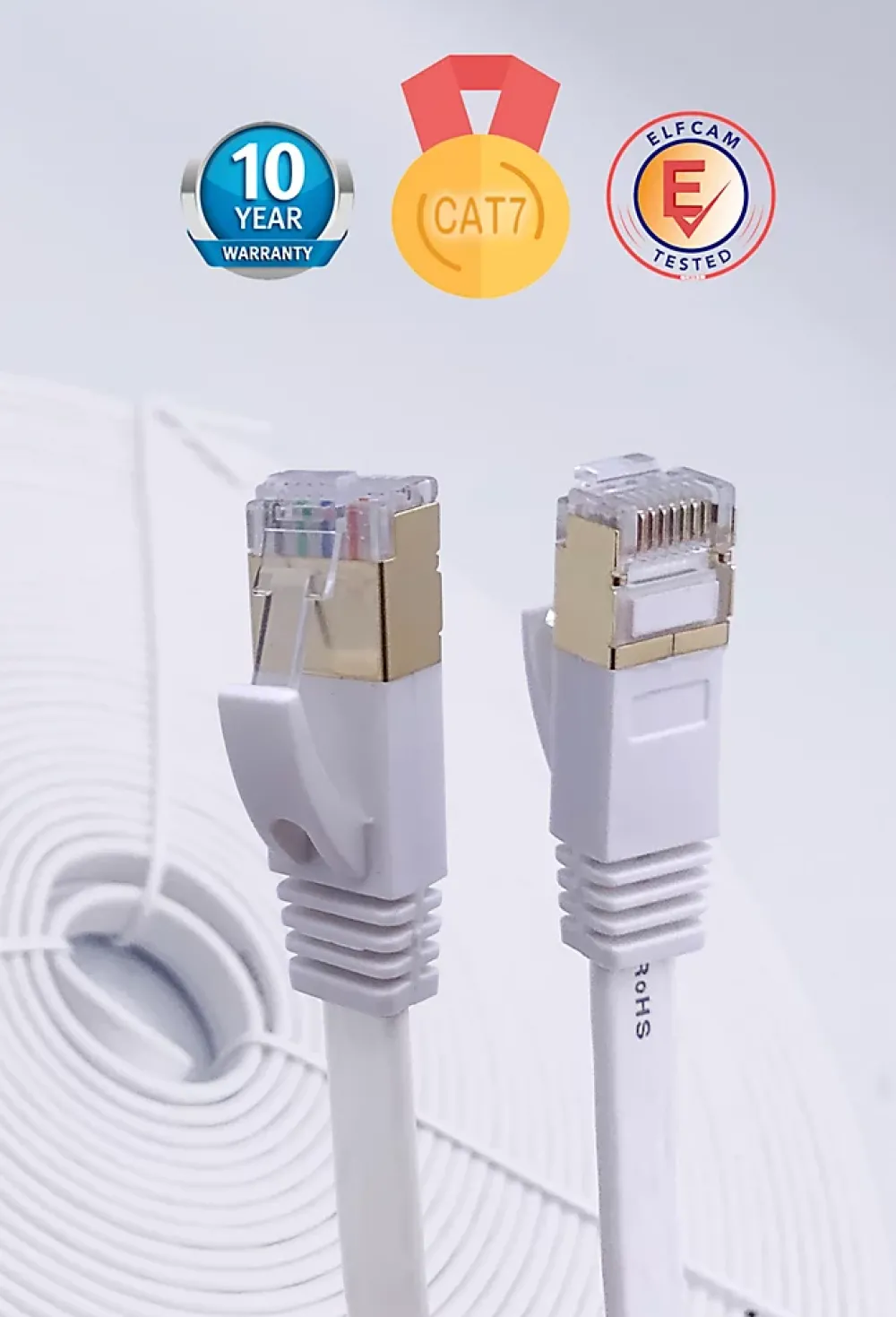 Elfcam-shop Elfcam - 20m Câble Ethernet RJ45 Cat7 Flat Blanc, 10Gbps 600MHz, Cuivre, SFTP, Anti-Bruit, PC, Modem, Routeur