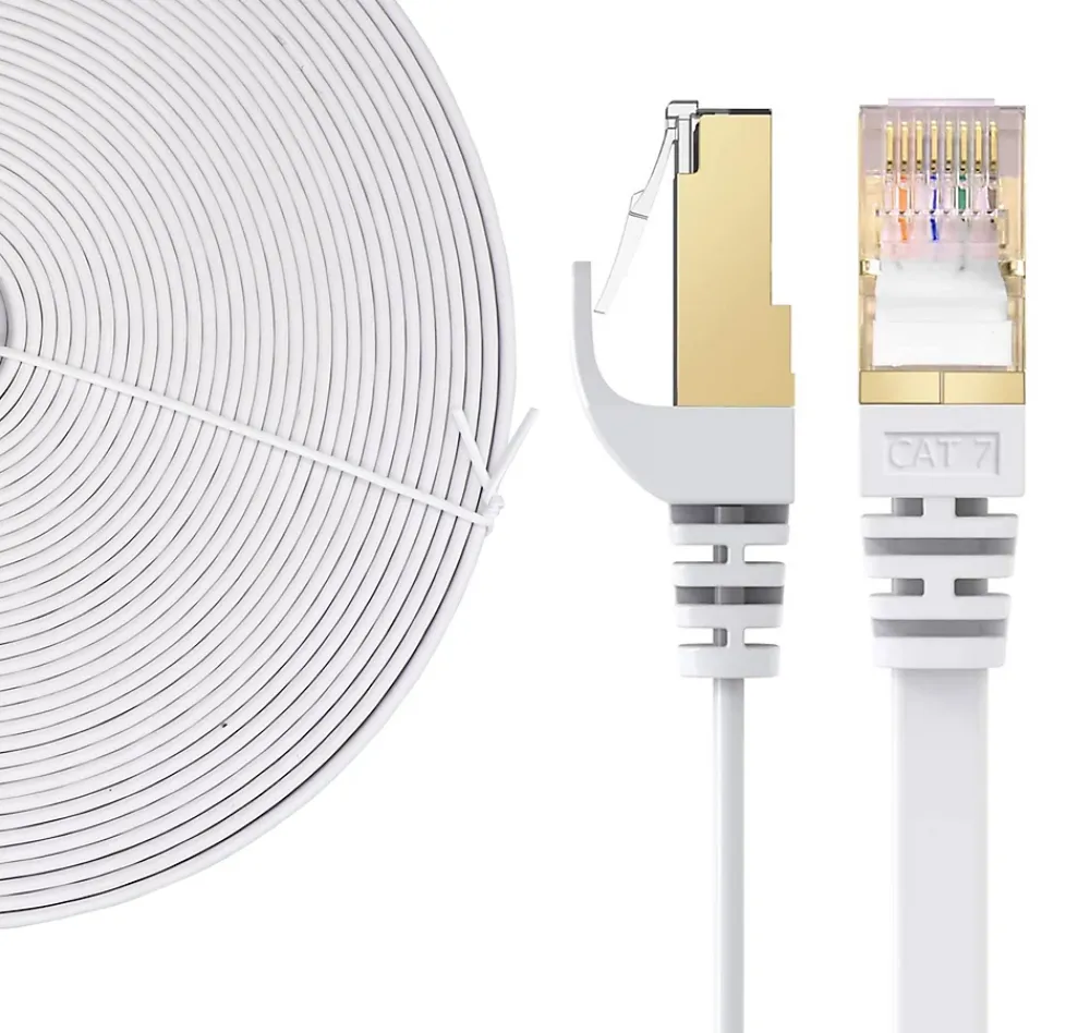 Elfcam-shop Elfcam - 20m Câble Ethernet RJ45 Cat7 Flat Blanc, 10Gbps 600MHz, Cuivre, SFTP, Anti-Bruit, PC, Modem, Routeur