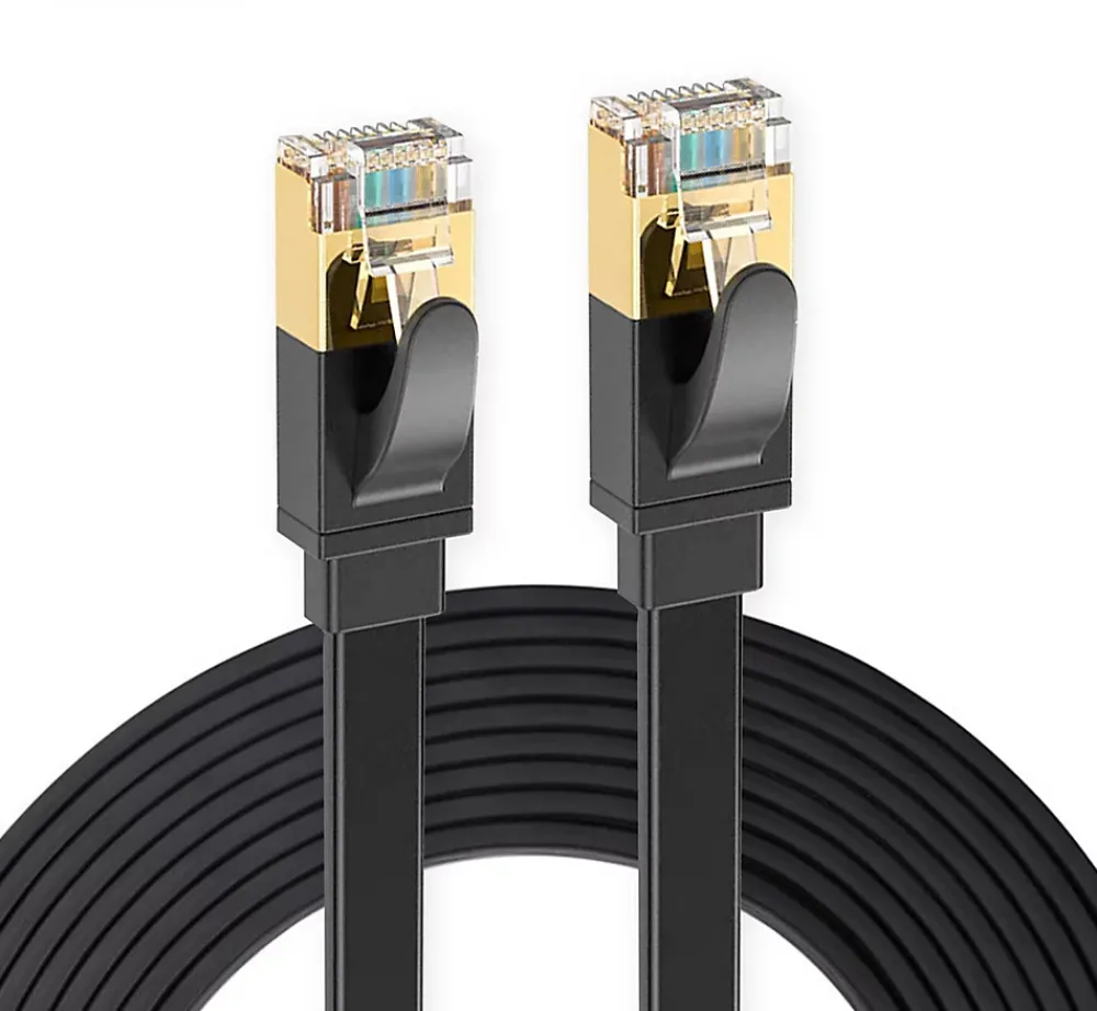 Elfcam-shop Elfcam - 10m Câble Ethernet RJ45 Cat7 Flat Noir, 10Gbps 600MHz, Cuivre, SFTP, Anti-Bruit, PC, Modem, Routeur