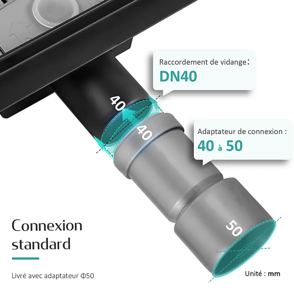 EMKE Evacuation De Douche-Caniveau de Douche 50 cm, Acier Inox, Siphon de Sol 2 en 1 avec Filtre à Cheveux, Finition Noire Élégante