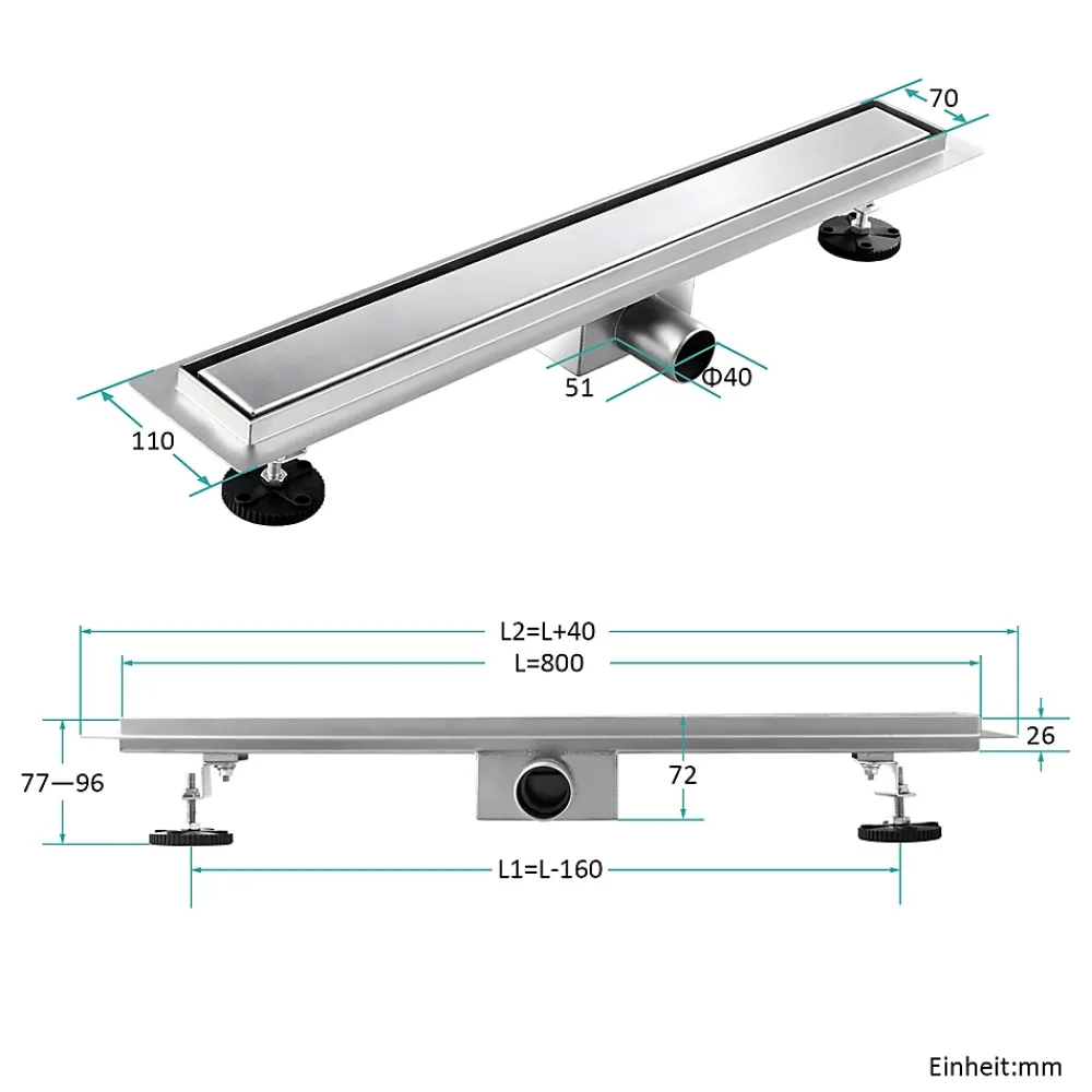 EMKE Siphon de douche linéaire, 80x7 cm, inox brossé SUS304, double installation