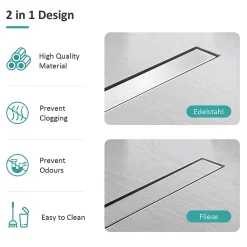 EMKE Siphon de douche linéaire, 80x7 cm, inox brossé SUS304, double installation