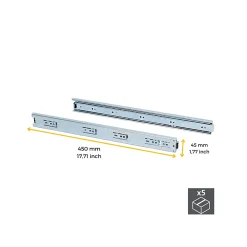Emuca Lot de 5 coulisses pour tiroirs, roulement à billes, hauteur 45mm, profondeur 450mm, sortie totale, zingué