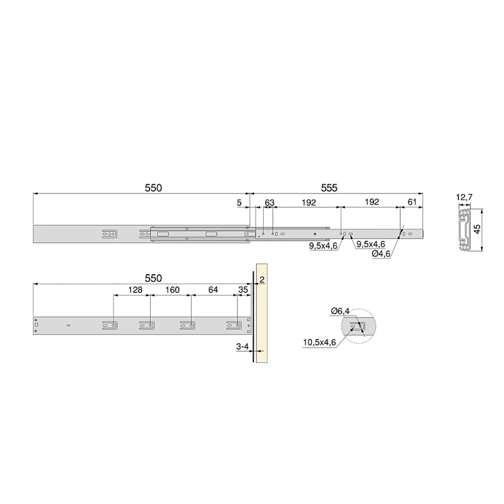 Emuca Lot de 5 jeux de coulisses pour tiroirs, roulement à billes, hauteur 45mm, profondeur 550mm, à sortie totale, avec push,