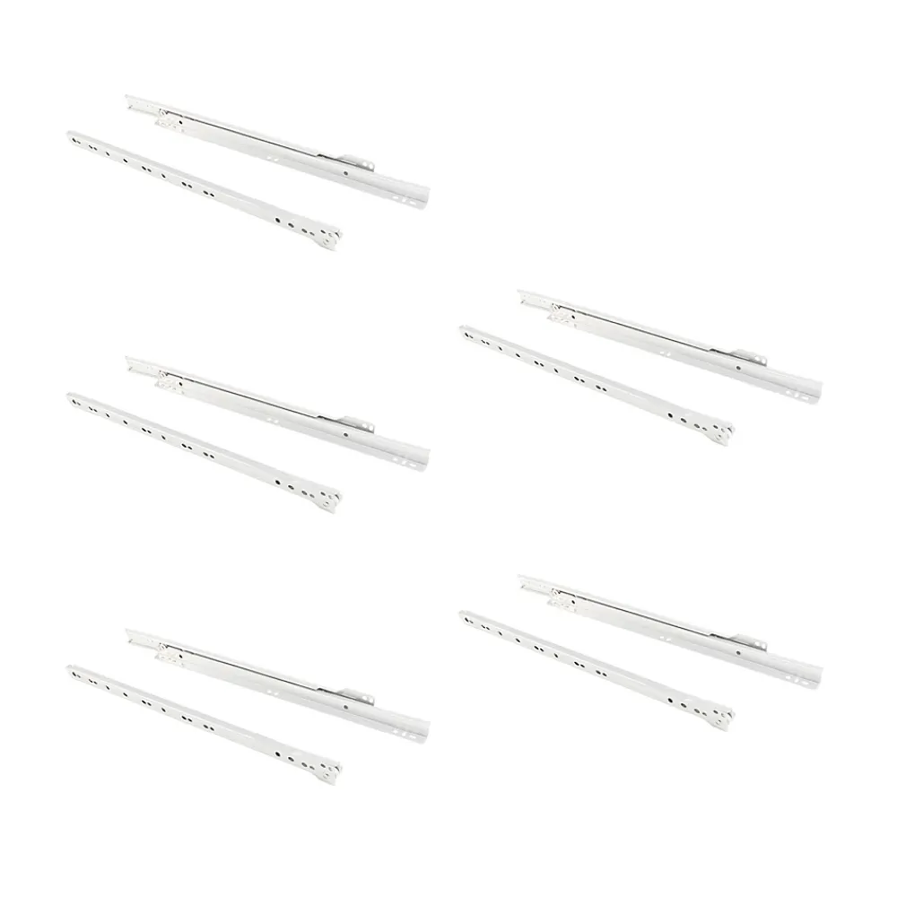 Emuca Lot de 5 jeux de coulisses a roulettes pour tiroir T30, drop lock, longueur 550mm, sortie partielle, Acier, Blanc