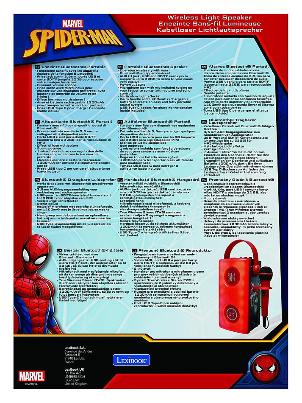 Lexibook Enceinte Bluetooth lumineuse avec micro Spiderman