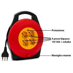 Velamp Enrouleur de câble domestique 4 prises, câble H05VV-F3G1.0MM2, 10M, CE