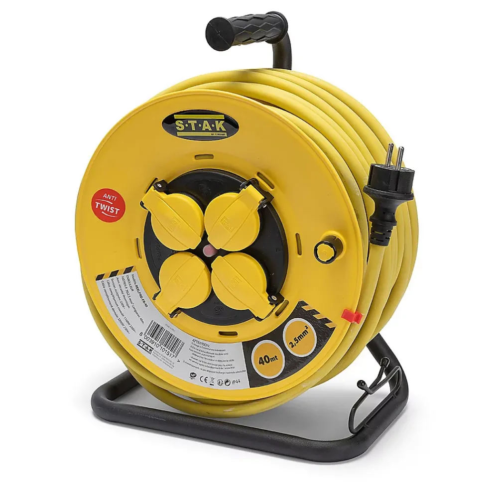 Velamp Enrouleur de chantier, 4 prises, 3G2.5, 25 mètres , NF, IP44. Platine fixe et guide cable