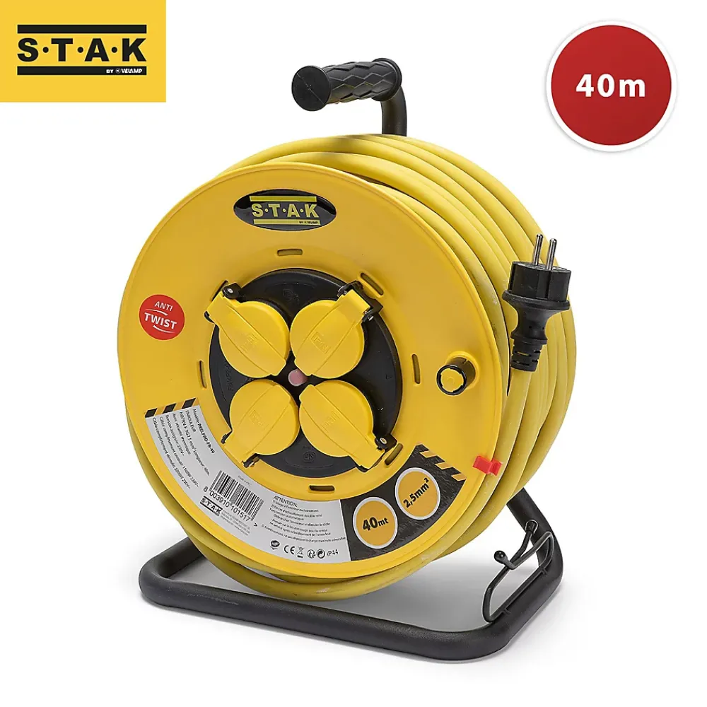Velamp Enrouleur de chantier, 4 prises, 3G2.5, 40 mètres , NF, IP44. Platine fixe et guide cable
