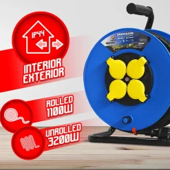 I-Watts Pro Enrouleur Électrique-Enrouleur électrique 25m 4 prises IP44 - Cable h07en-3g1.5mm²-25m - 3200W déroulé