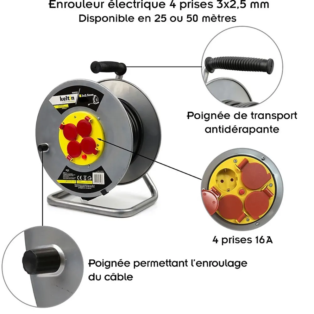Monmobilierdesign Enrouleur électrique 4 prises 16 A - IP20 - câble H05VV-F 3G 2,5 mm² 50 m