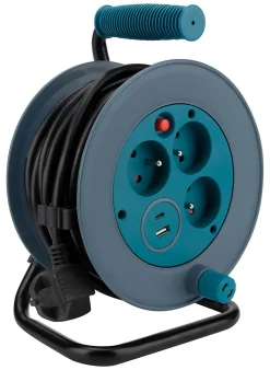 Zenitech Enrouleur Électrique-Enrouleur 12m 3 prises + 2USB - bleu -