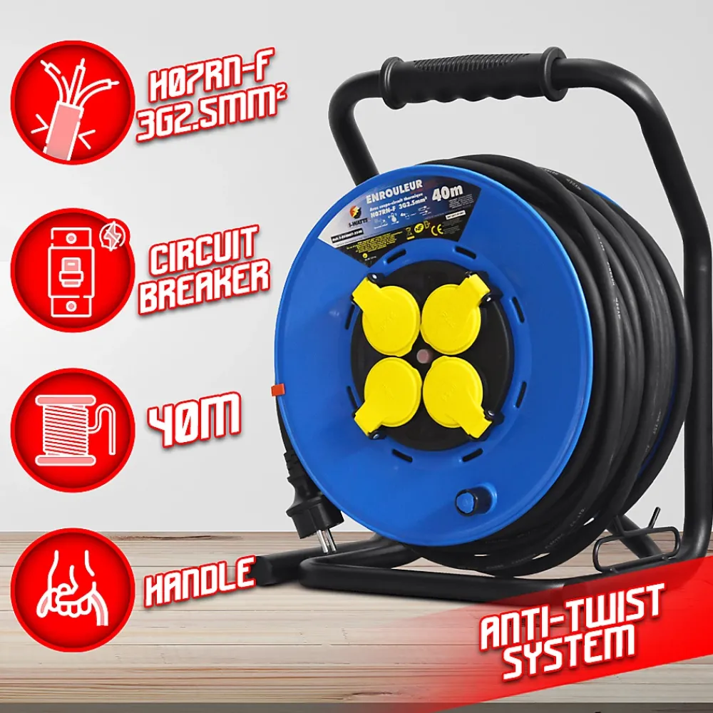 I-Watts Pro Enrouleur 4 prises-h07rn-3g2.5MM²-40M -