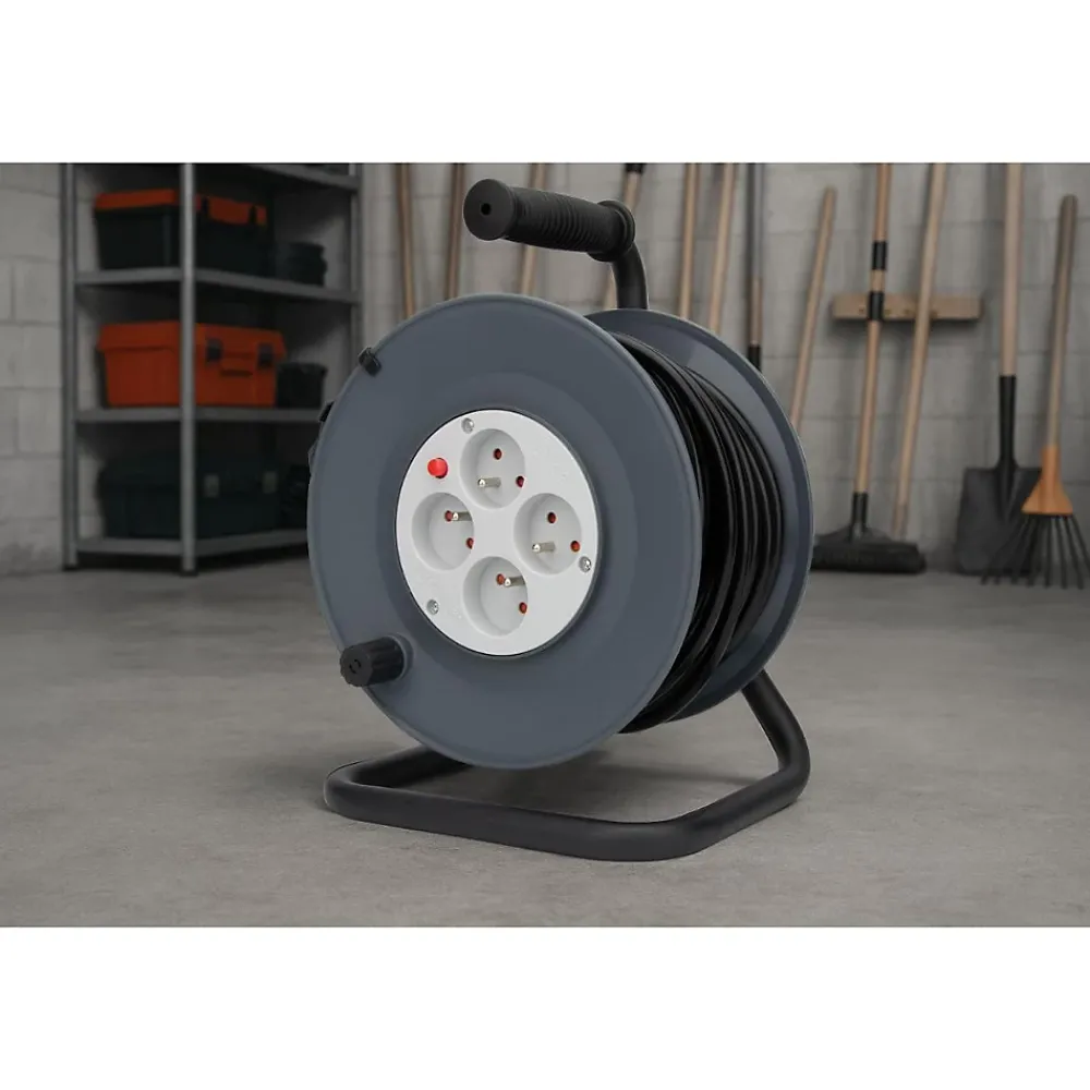 Zenitech Enrouleur 4 prises 40m + coupe-circuit + support