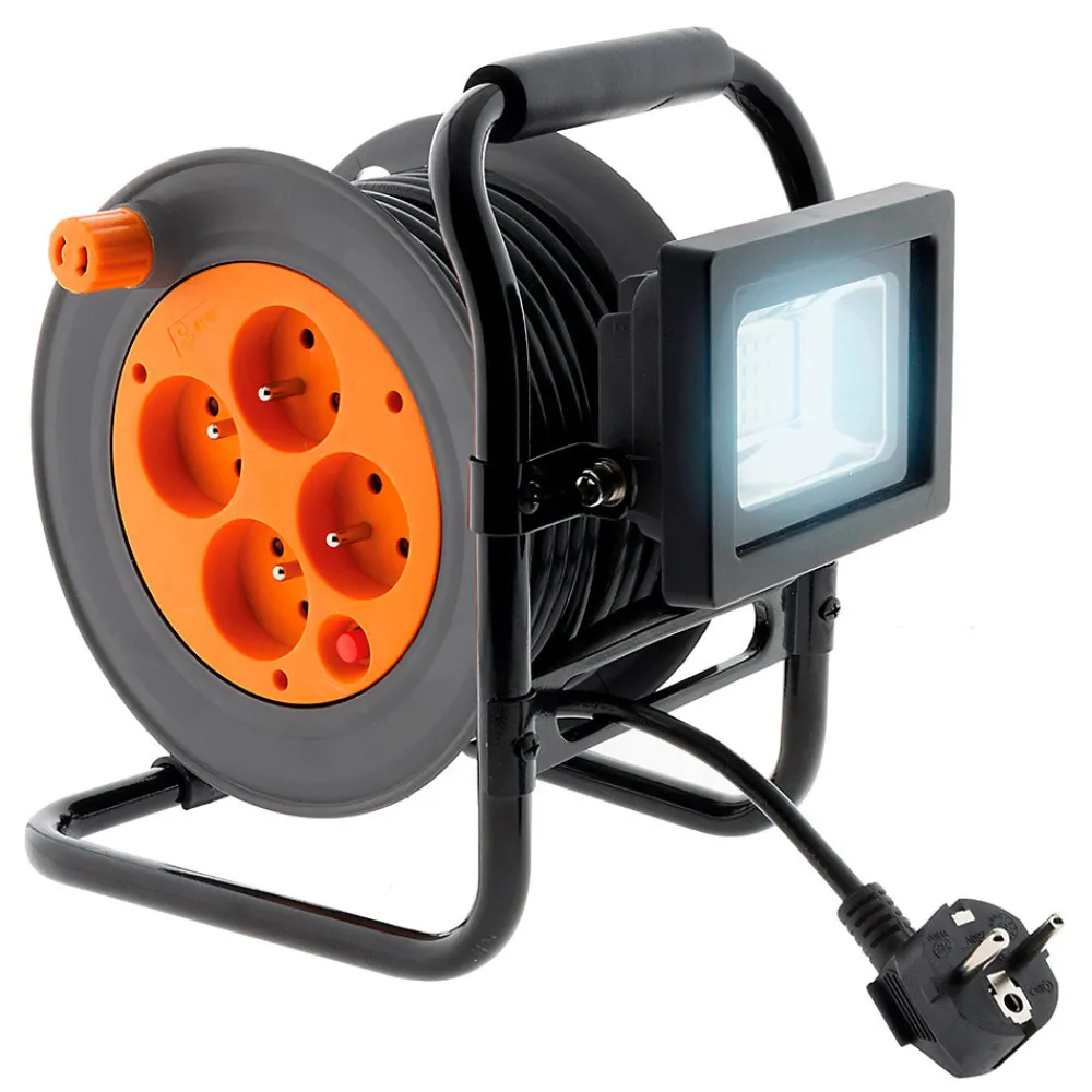 Zenitech Enrouleur Électrique-Enrouleur 4 prises + projecteur LED 15m