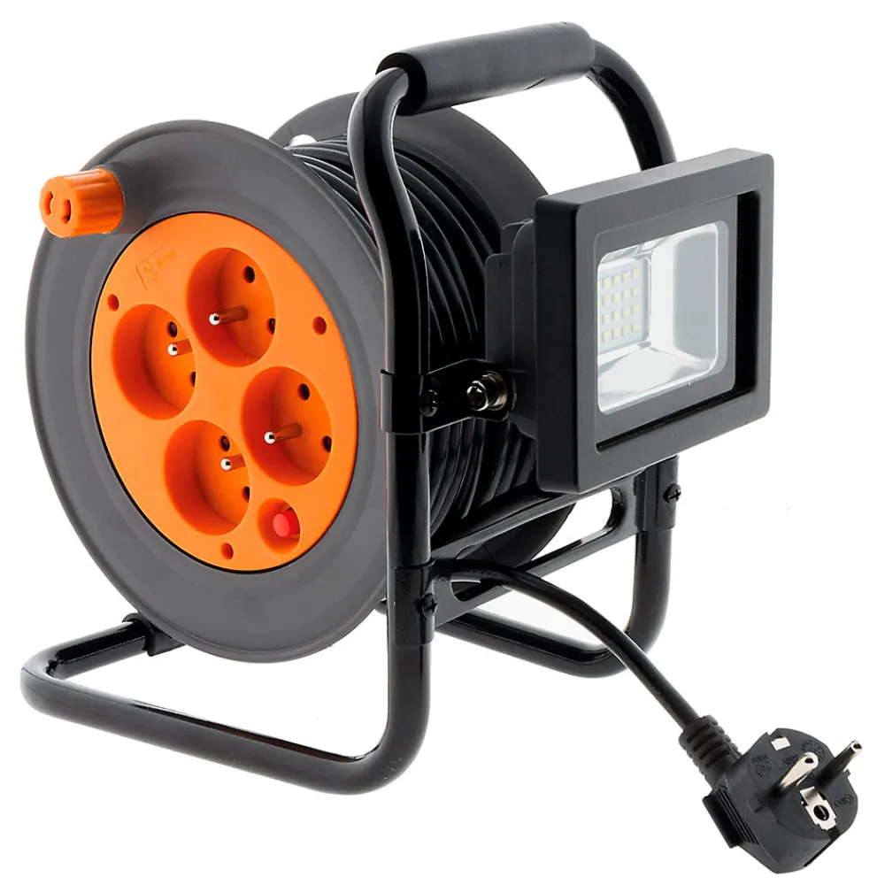 Zenitech Enrouleur Électrique-Enrouleur 4 prises + projecteur LED 15m