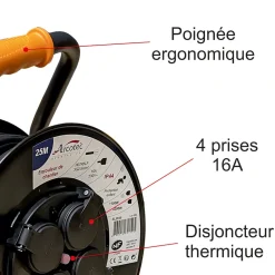 Arcotec Enrouleur Électrique-Enrouleur PRO de chantier 3G2.5 25m IP44 platine fixe (anti twist) - câble H07RN-F- 4 prises 16A - garantie 2 ans