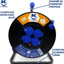 Keli France Enrouleur Pro M 3G2.5 IP44 avec 4 Prises à Clapet pour Usage Intensif en Intérieur & Extérieur