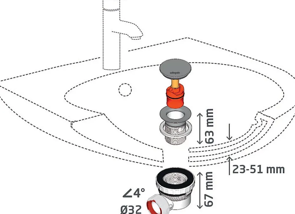 Wirquin Ensemble bonde et siphon de lavabo Quick-Clac Nano 6.7 Sortie Ø32 mm - 1/4 de tour