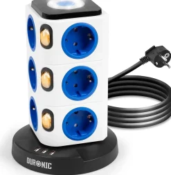Duronic Multiprise-ET12L Tour multiprise 12 prises 3680W 13A 3x USB-A Veilleuse tactile Câble 1,8m Parasurtenseur protection surtension