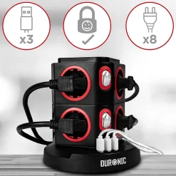 Duronic ET8W Tour multiprise 8 prises 3680W 13A 3x USB recharge sans fil Câble 1,8m Parasurtenseur protection surtension