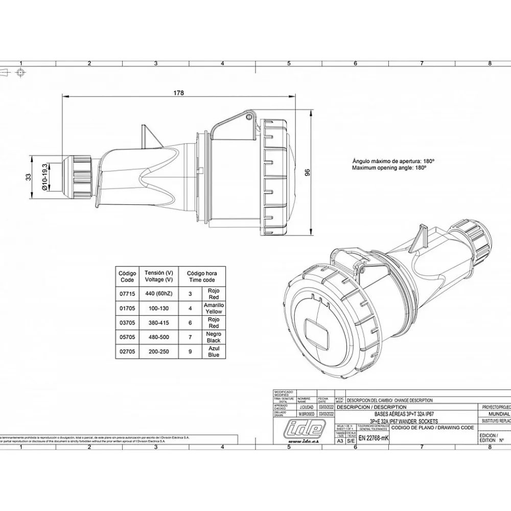Ide Fiche Femelle Triphasé 32a 3p+t 380v - 4 Broches - étanche Ip67 -