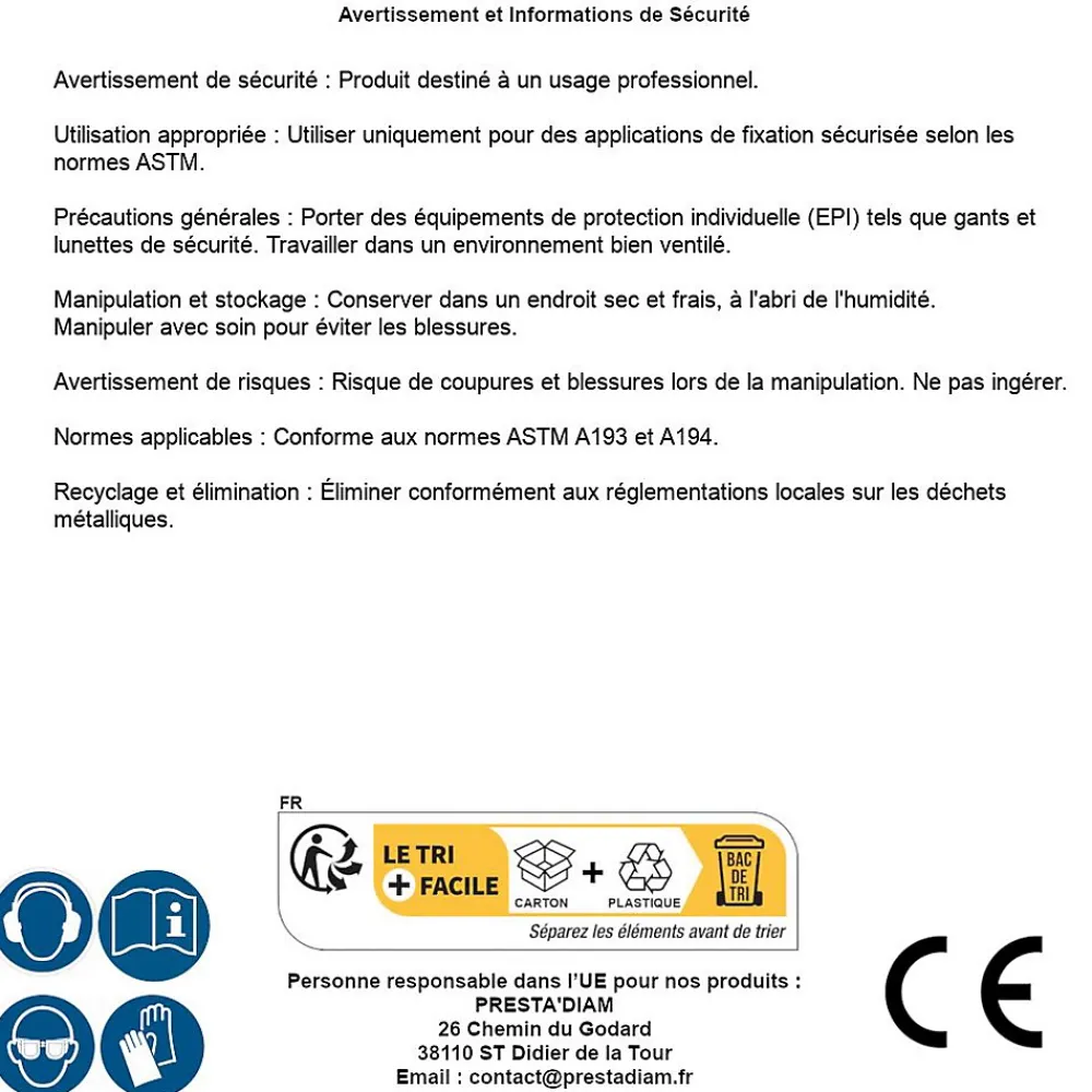 D-Work Écrou-10 Filets et 2 Ecrous Montés D. 18 x 100 mm - ASTM A193 et ASTM A194 - Brut -