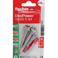 O91 Cheville Pour Plaque De Plâtre-Fischer DuoPower 10 x 50 A4 Set de chevilles nylon 10 pièces, vis 7 x 69 A4 incluses