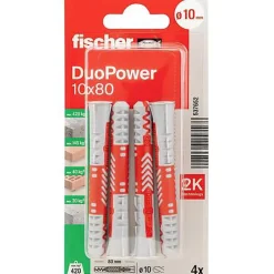 O91 Cheville Pour Plaque De Plâtre-Fischer DuoPower 10 x 80 mm - 4 chevilles nylon universelles pour matériaux creux et pleins