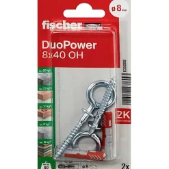 O91 Cheville Pour Plaque De Plâtre-Fischer DuoPower 8 x 40 OH Set de chevilles avec crochets à œillet, 2 chevilles + 2 vis 5,5 x 77