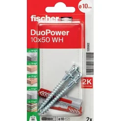 O91 Cheville Pour Plaque De Plâtre-Fischer DuoPower 10 x 50 WH - Set chevilles nylon 10 mm avec 2 crochets coudés, pack 2