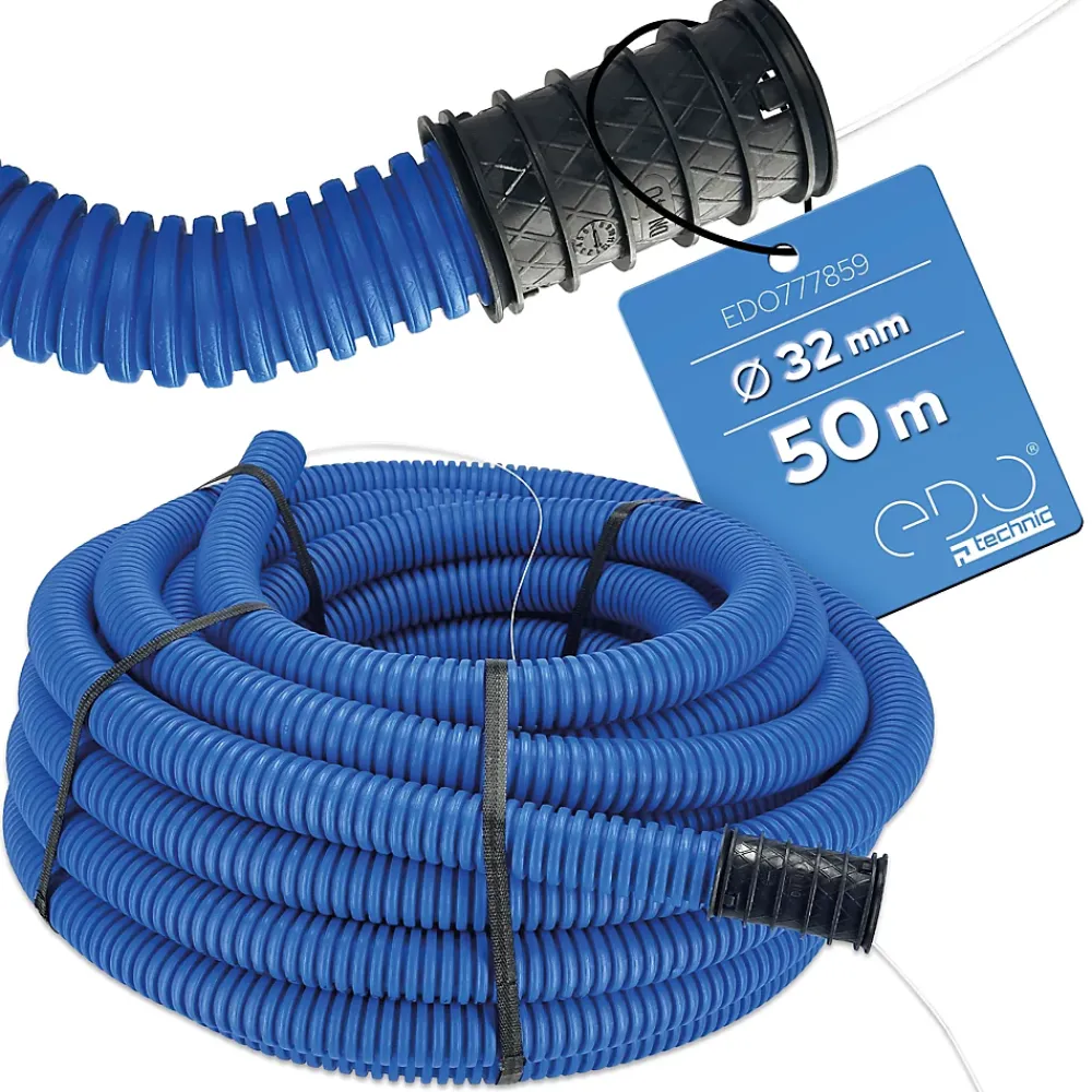 Edo Gaine Et Drain-Gaine électrique enterrée FI50 mm 50 m annelée double paroi avec tire fil et manchon 450 N bleue
