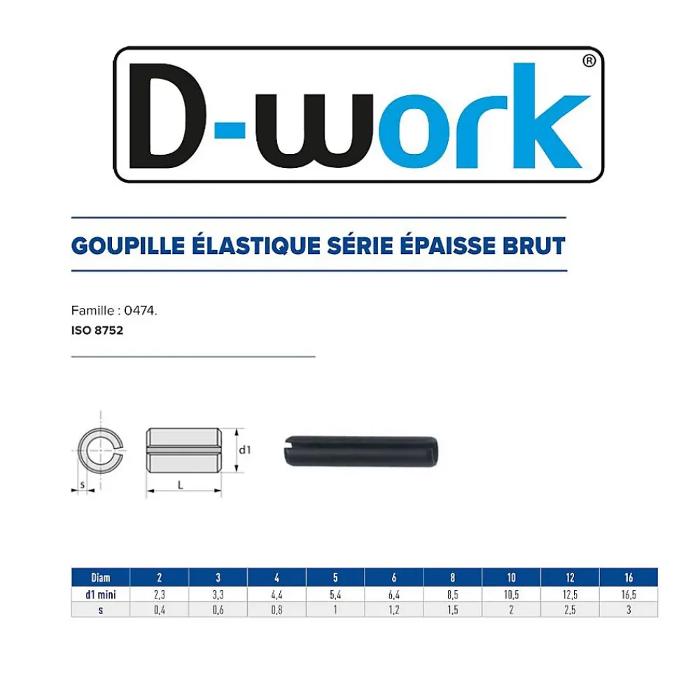 D-Work 50 Goupilles Elastiques Epaisses D. 16 x 50 mm - 8752 - Brut -