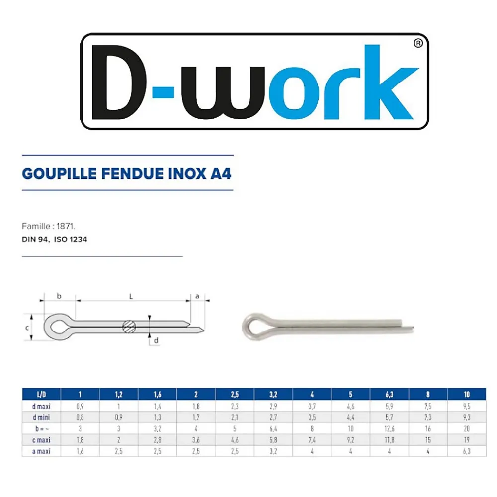 D-Work Goupille Et Circlip-100 Goupilles Fendues D. 4 x 50 mm - DIN 94 - Inox A4 -