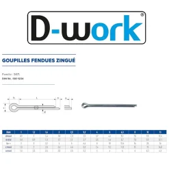 D-Work Goupille Et Circlip-100 Goupilles Fendues D. 8 x 63 mm - DIN 94 - Zingué blanc -